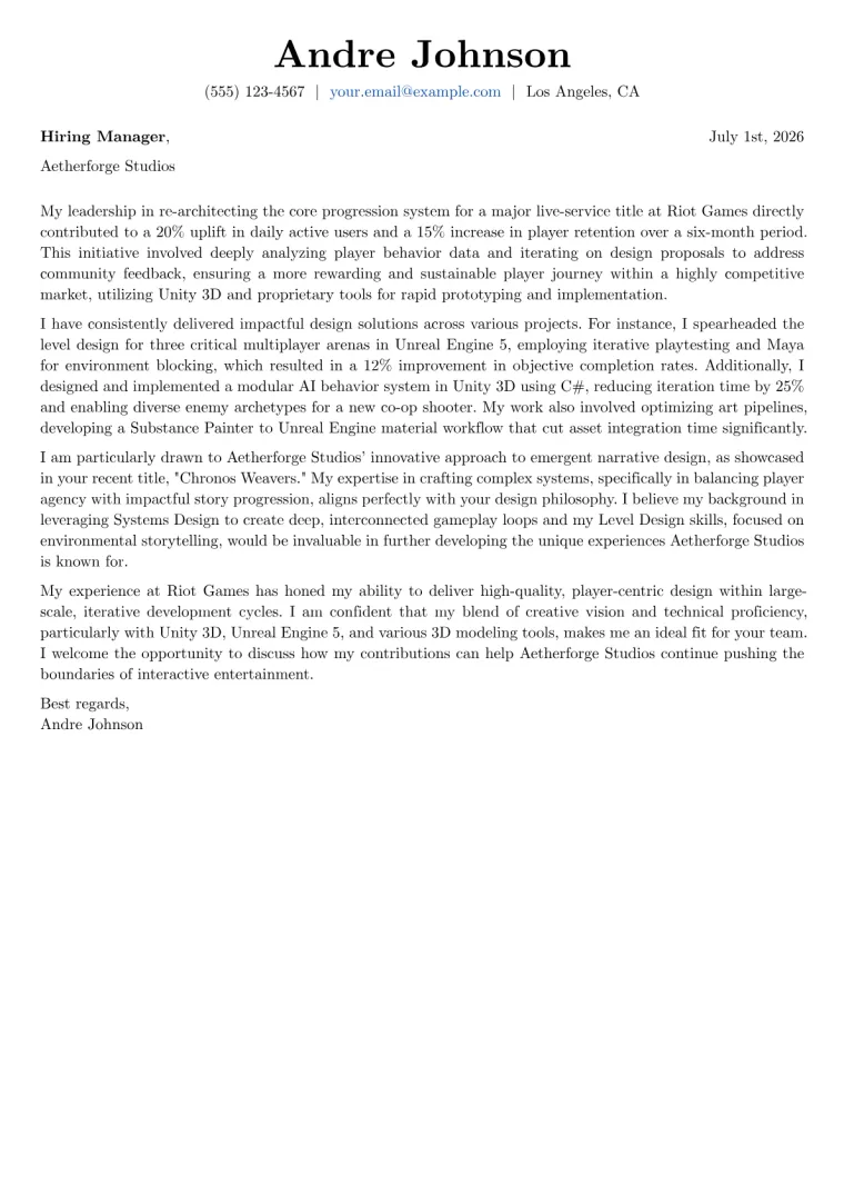 Game Designer Cover Letter Example