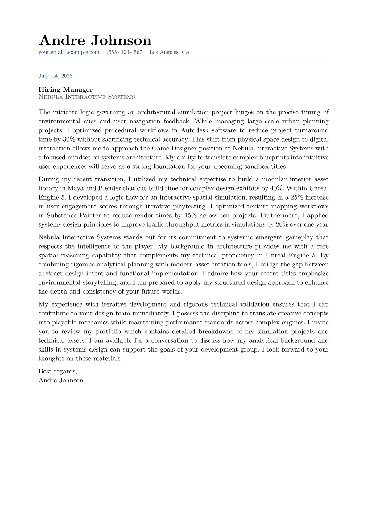 Game Designer cover letter in the Classic design