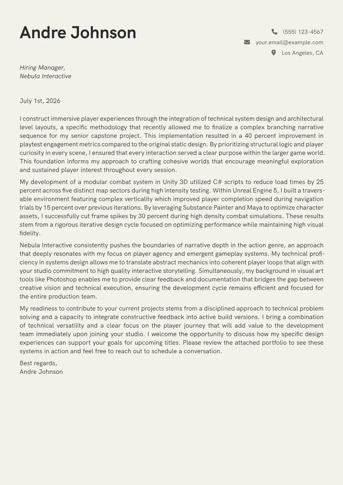 Game Designer cover letter in the Creative design