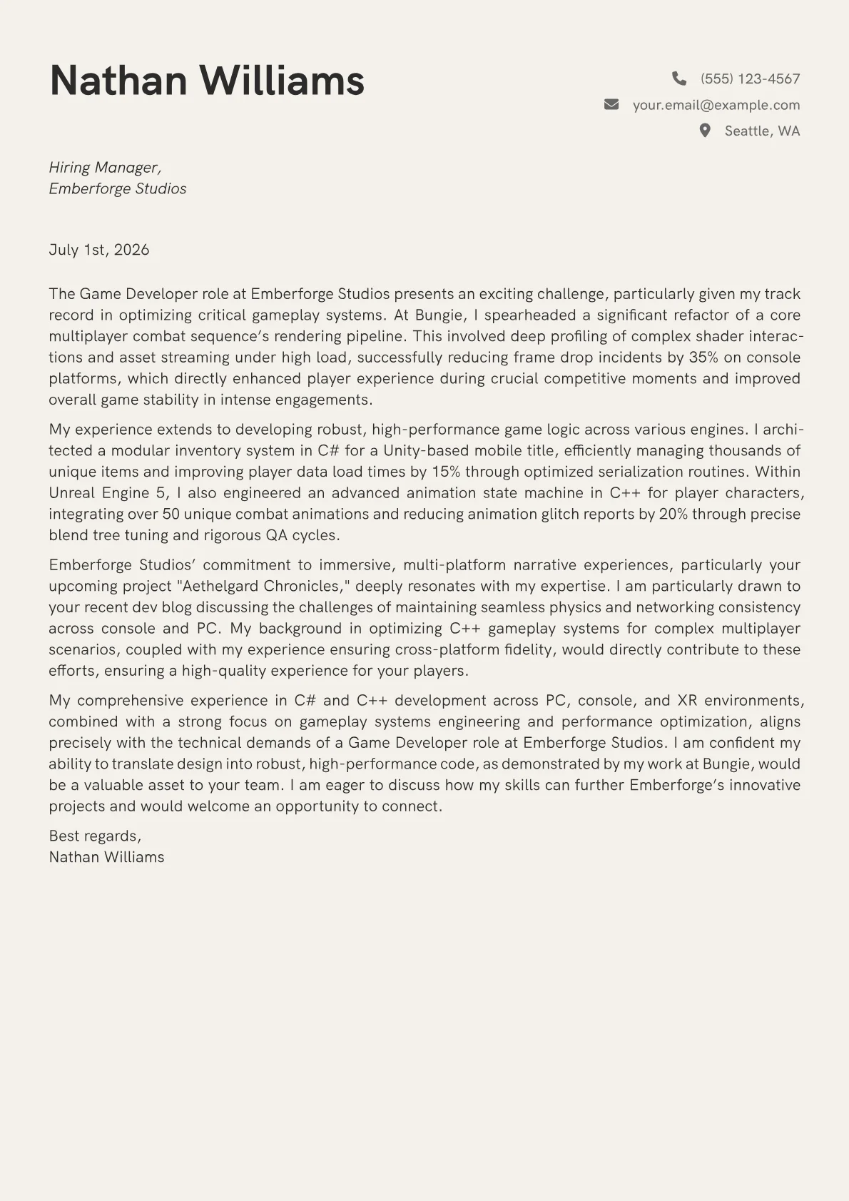 Game Developer cover letter formatted with a JobSprout template