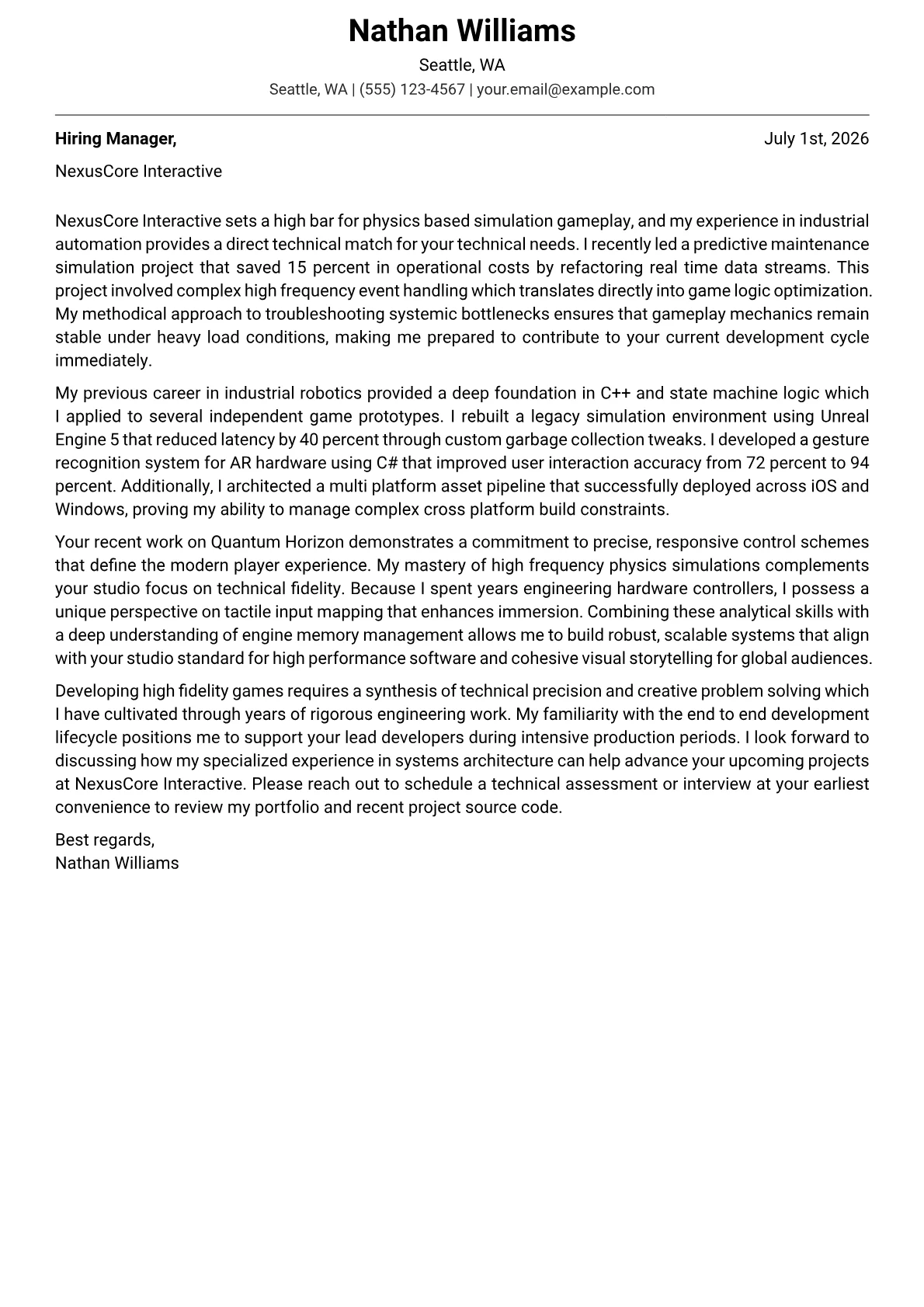 Game Developer cover letter in the Modern design