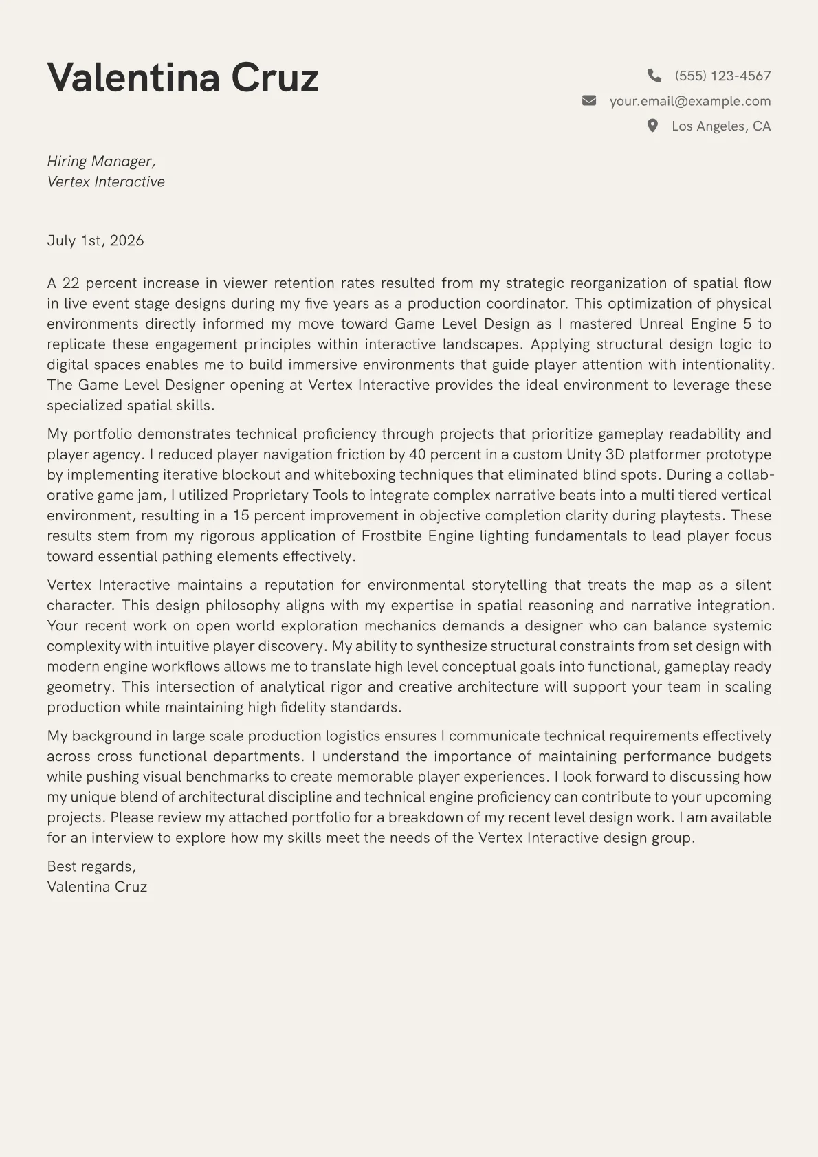 Game Level Designer cover letter in the Creative design