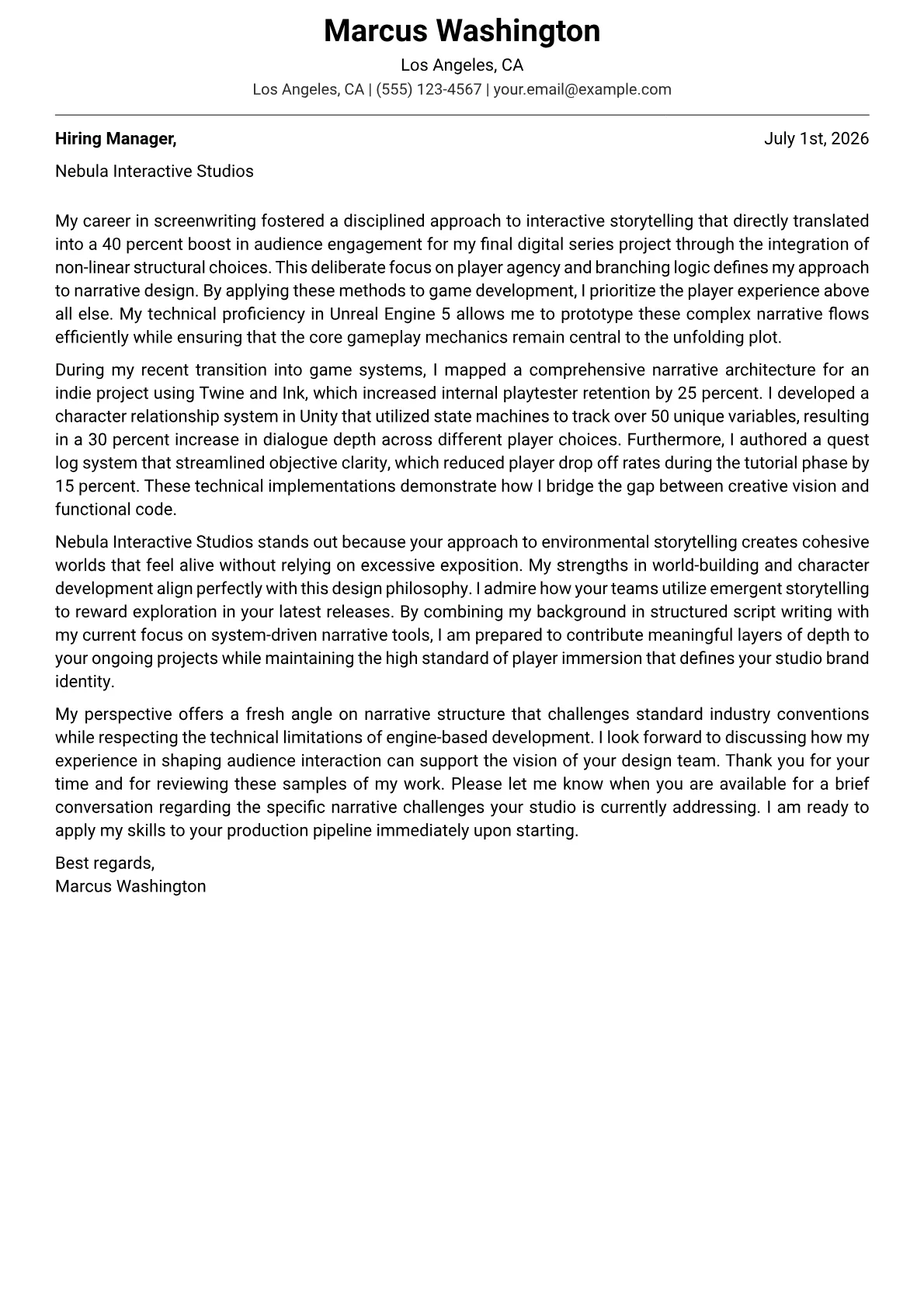 Game Narrative Designer cover letter in the Modern design