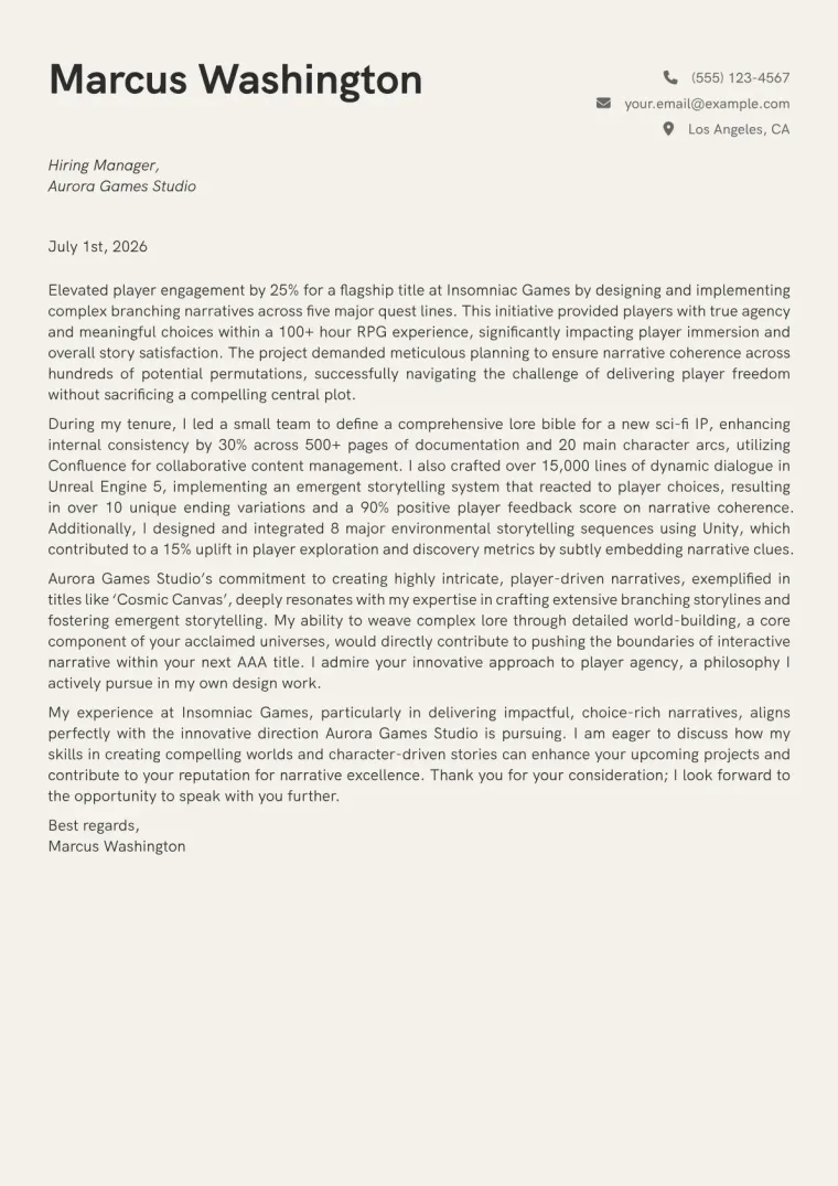 Game Narrative Designer cover letter example preview
