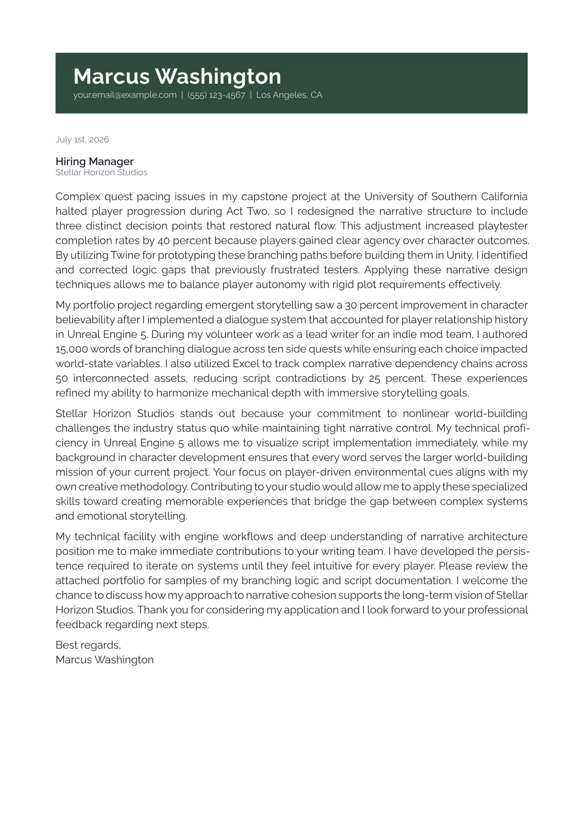 Game Narrative Designer cover letter in the Banner design