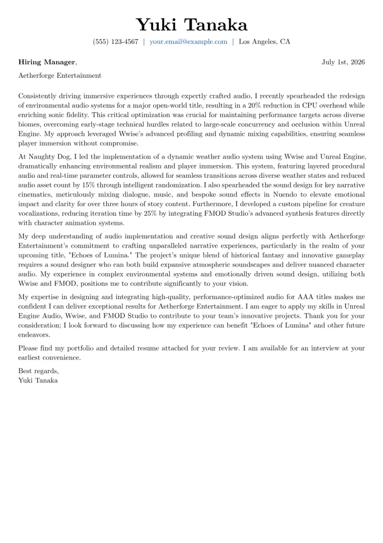Game Sound Designer cover letter example
