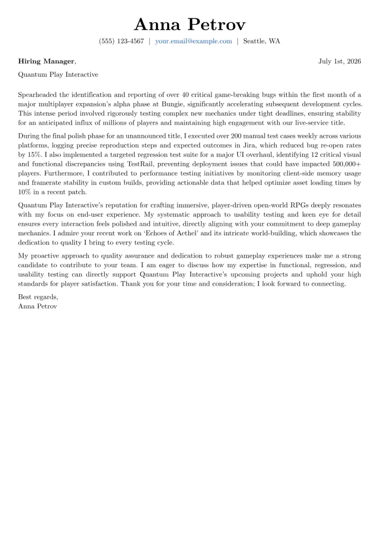 Game Tester Cover Letter Example