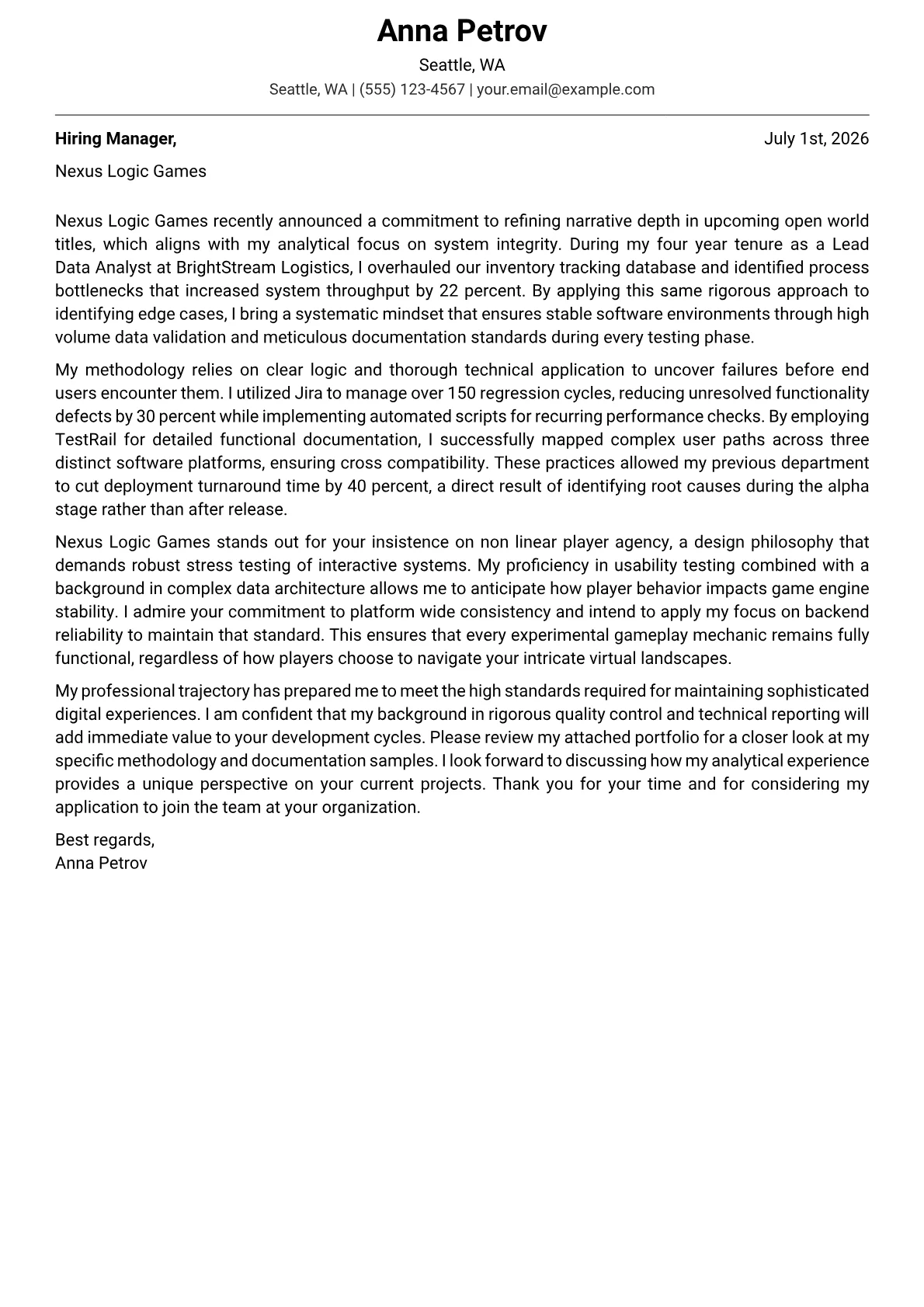 Game Tester cover letter in the Modern design