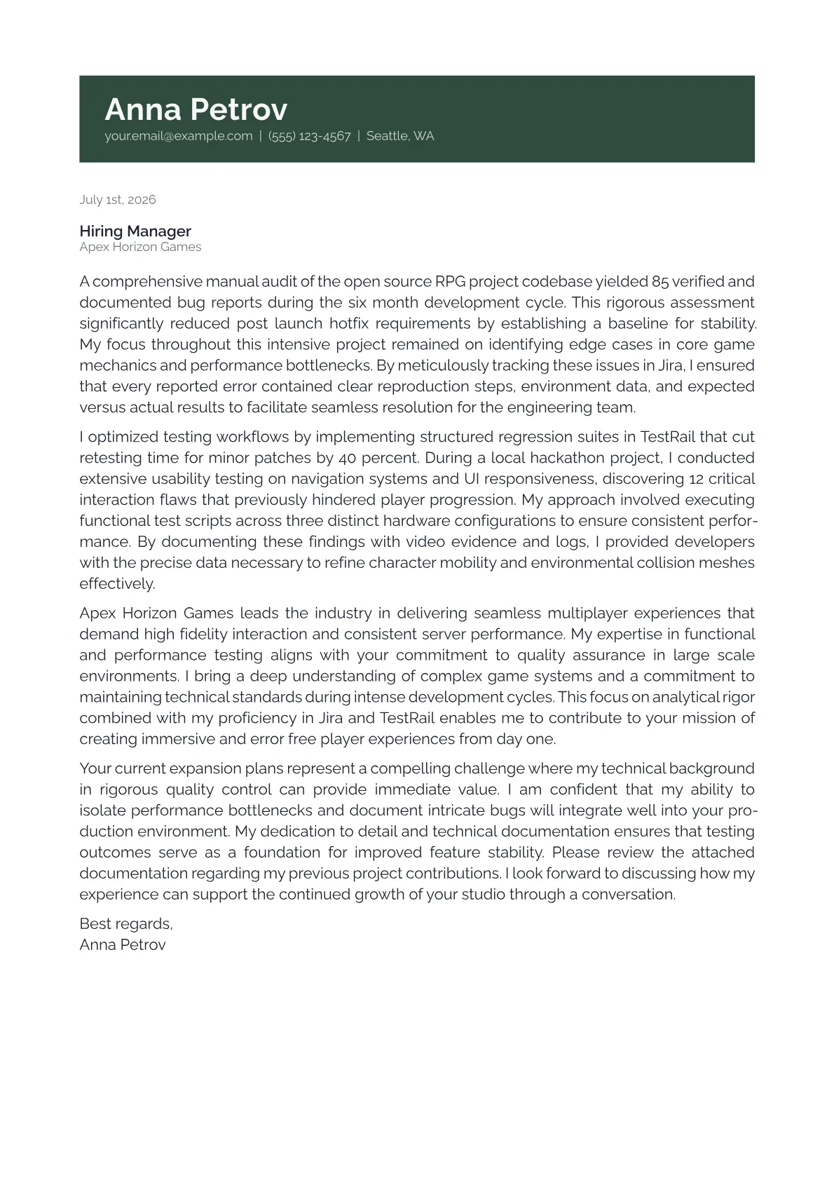 Game Tester cover letter in the Banner design