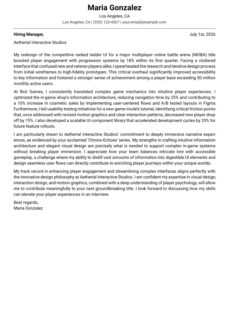 Game UI Designer cover letter example preview