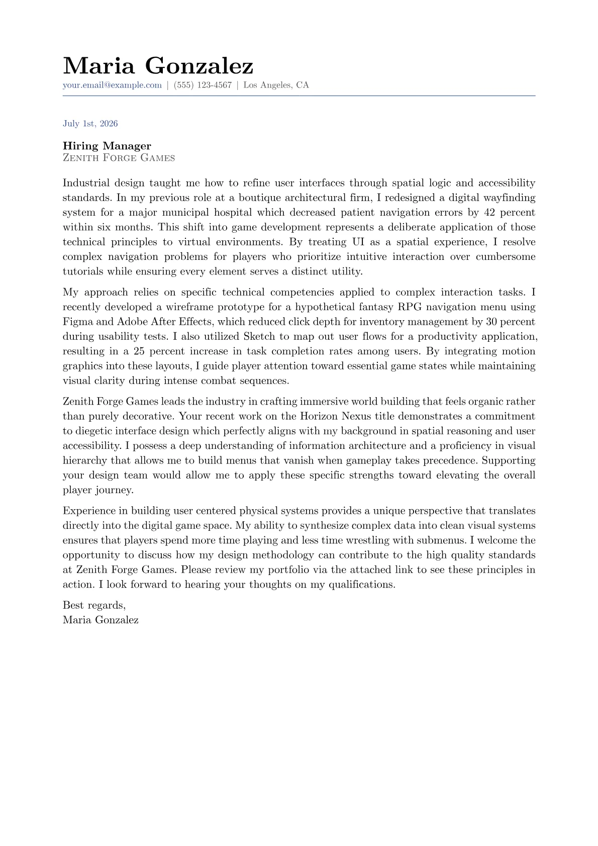 Game UI Designer cover letter in the Classic design