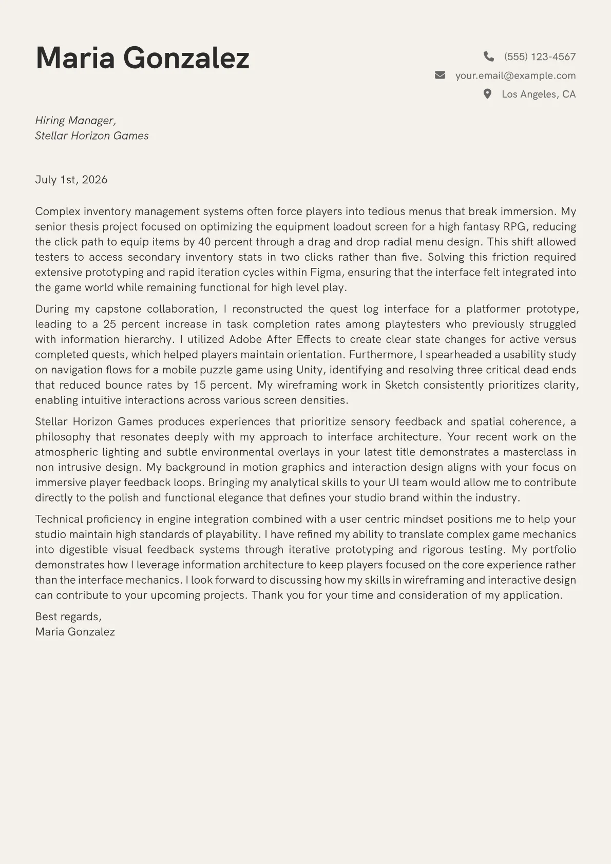 Game UI Designer cover letter in the Creative design