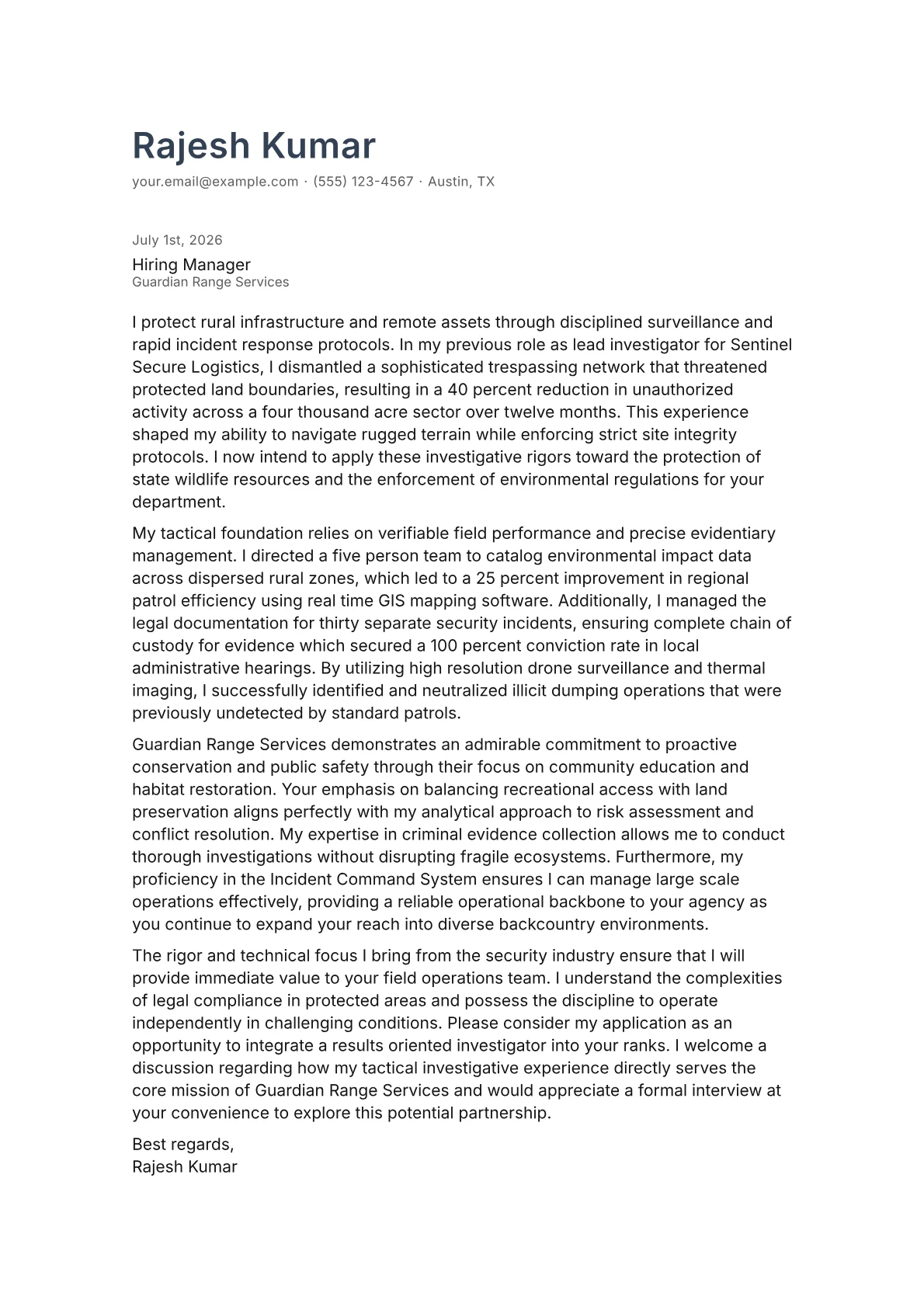 Game Warden cover letter in the Minimal design