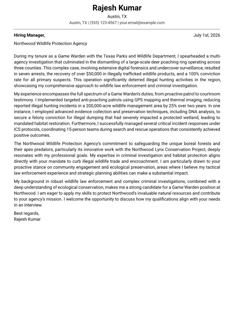 Game Warden cover letter example preview
