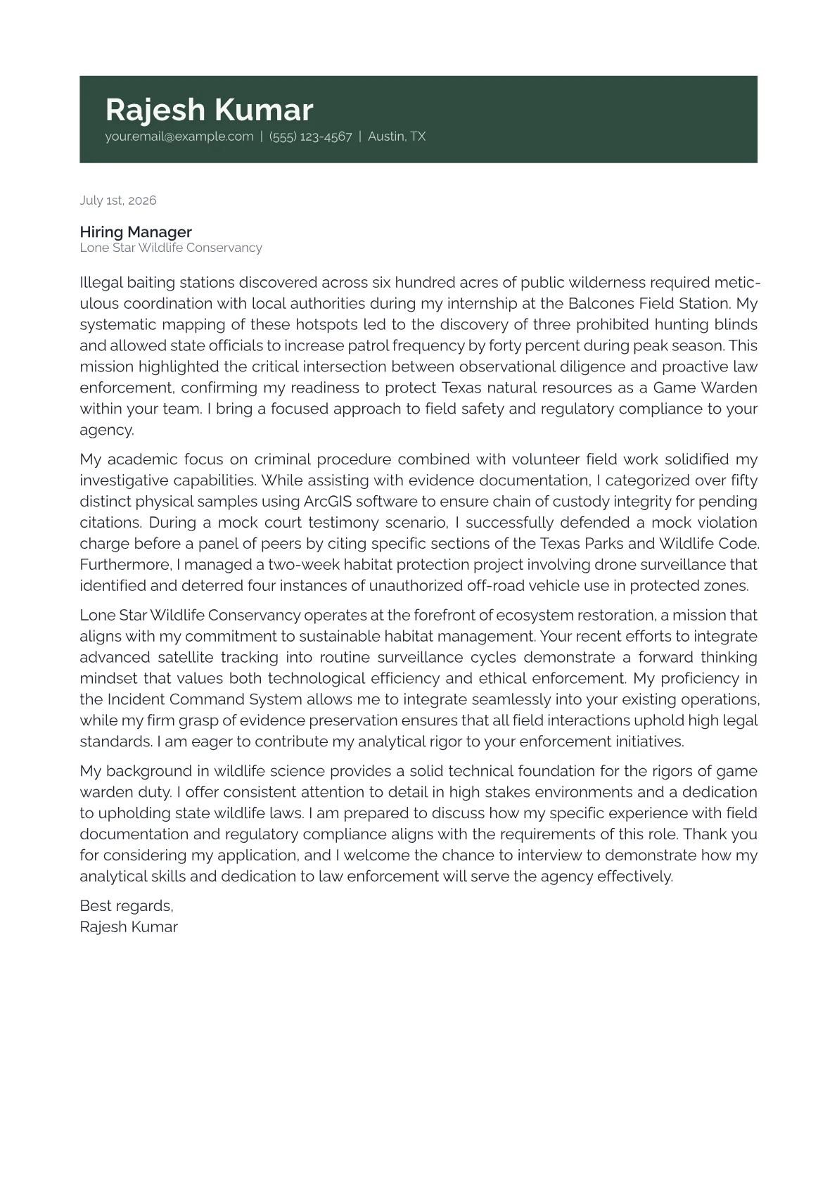Game Warden cover letter in the Banner design
