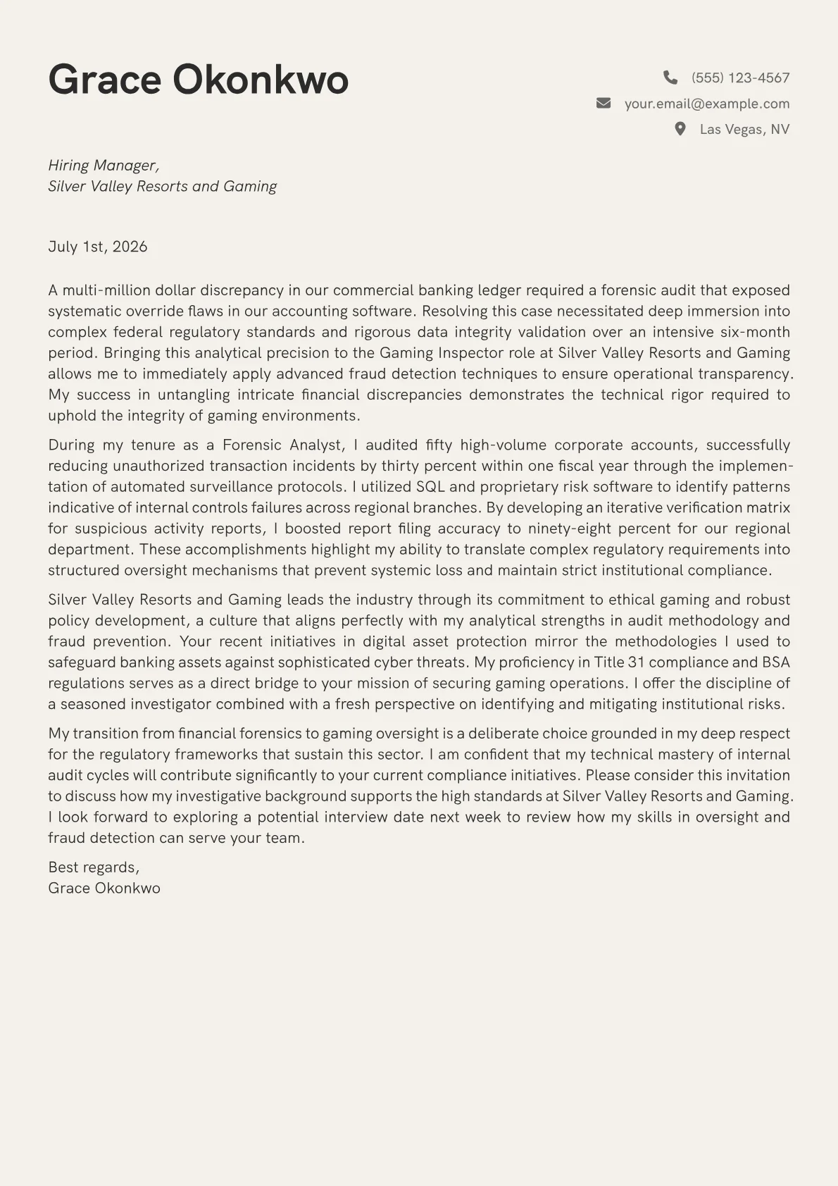 Gaming Inspector cover letter in the Creative design