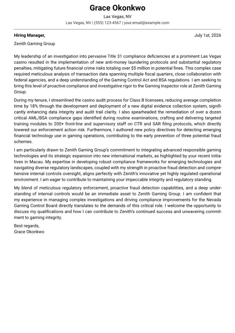 Gaming Inspector cover letter example preview