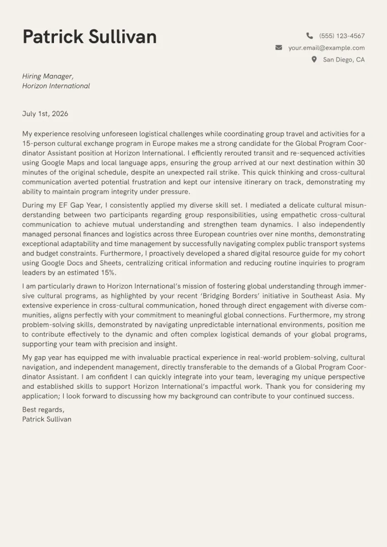 Gap Year Student cover letter example preview