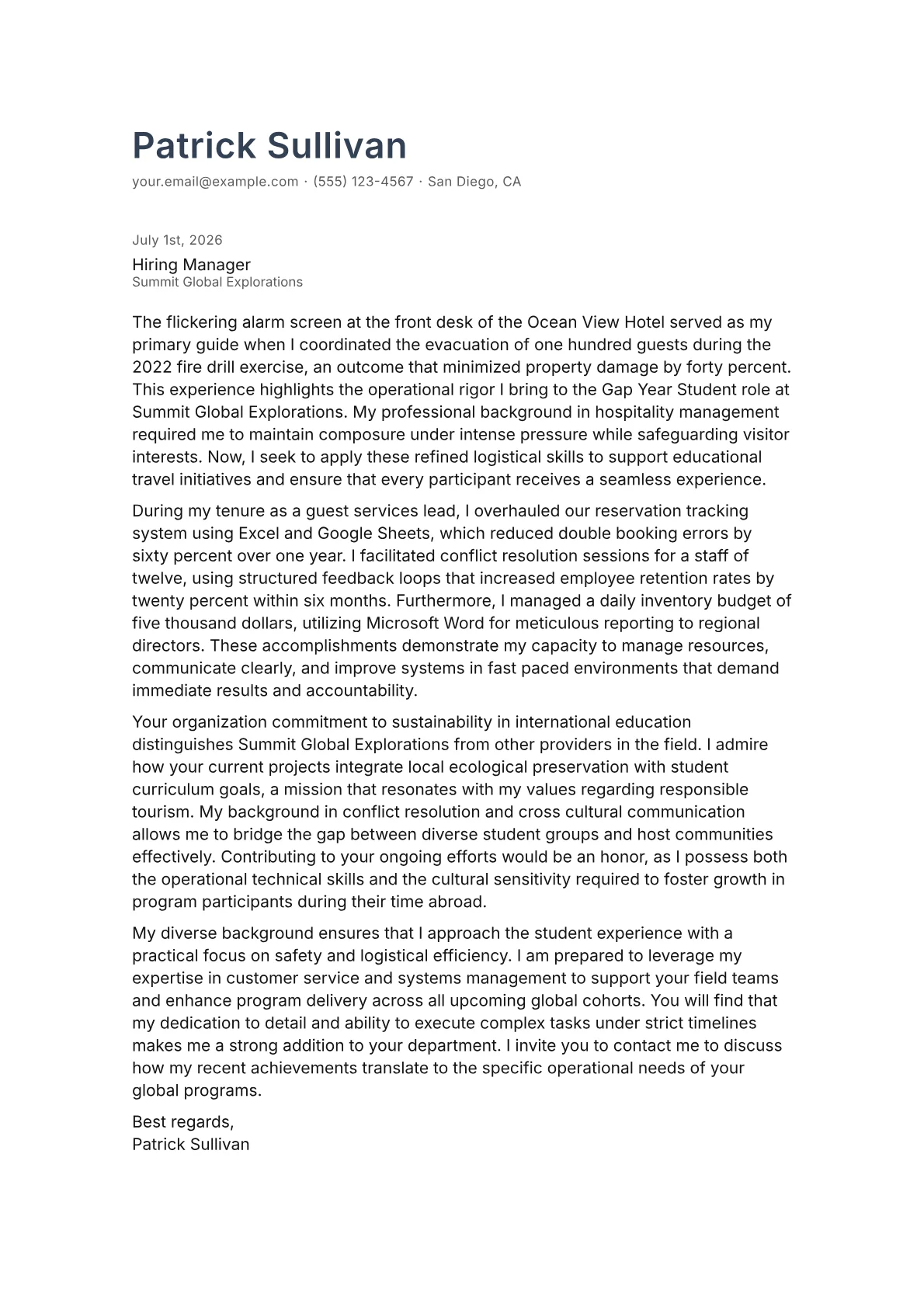 Gap Year Student cover letter in the Minimal design