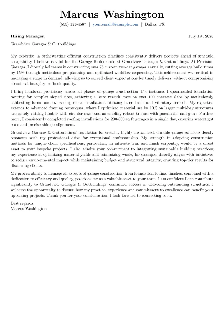 Garage Builder cover letter example preview