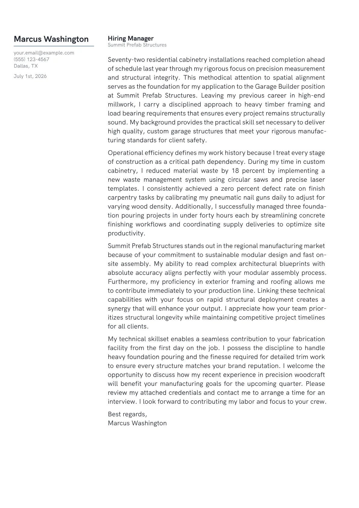 Garage Builder cover letter in the Margin design