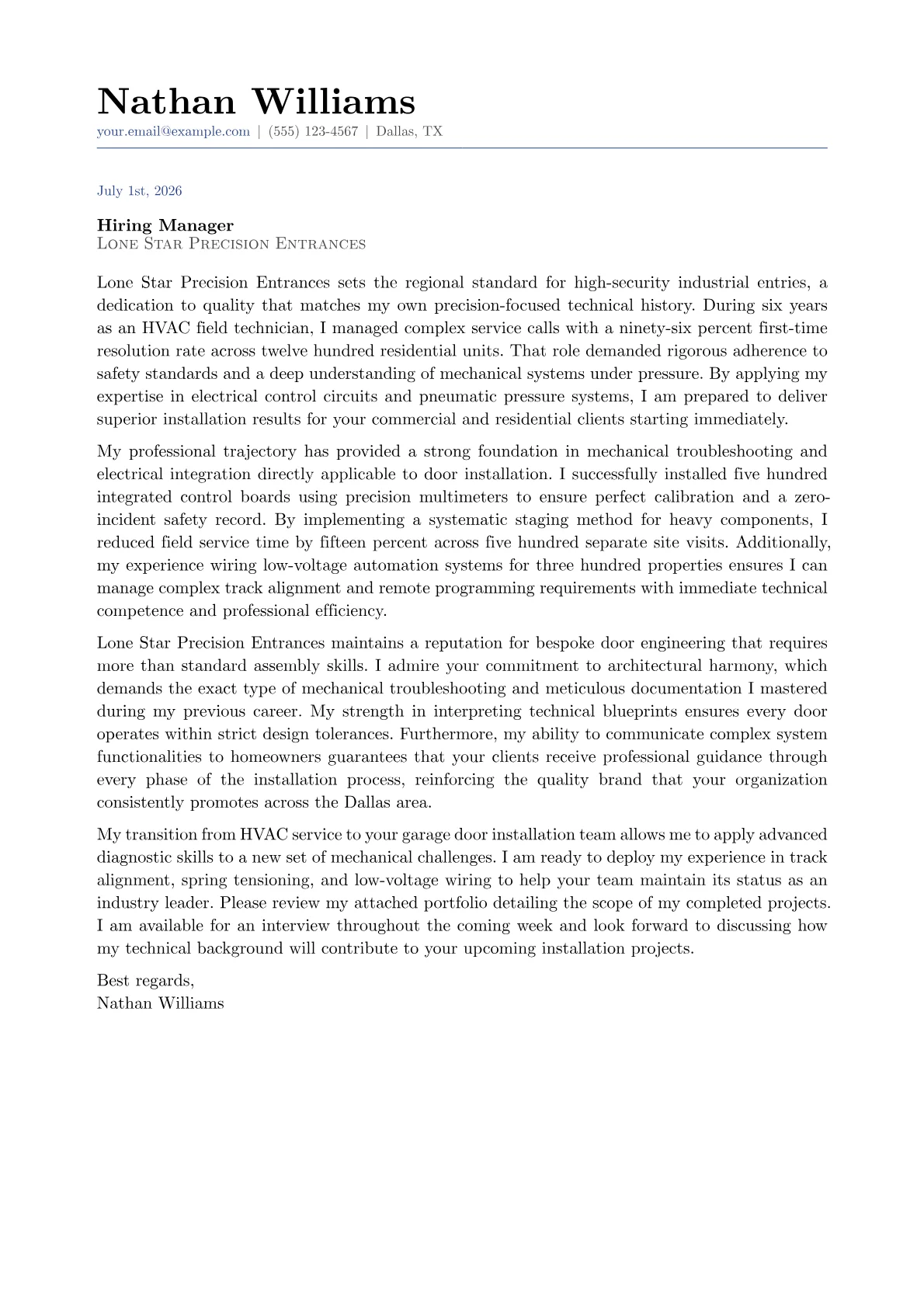 Garage Door Installer cover letter in the Classic design