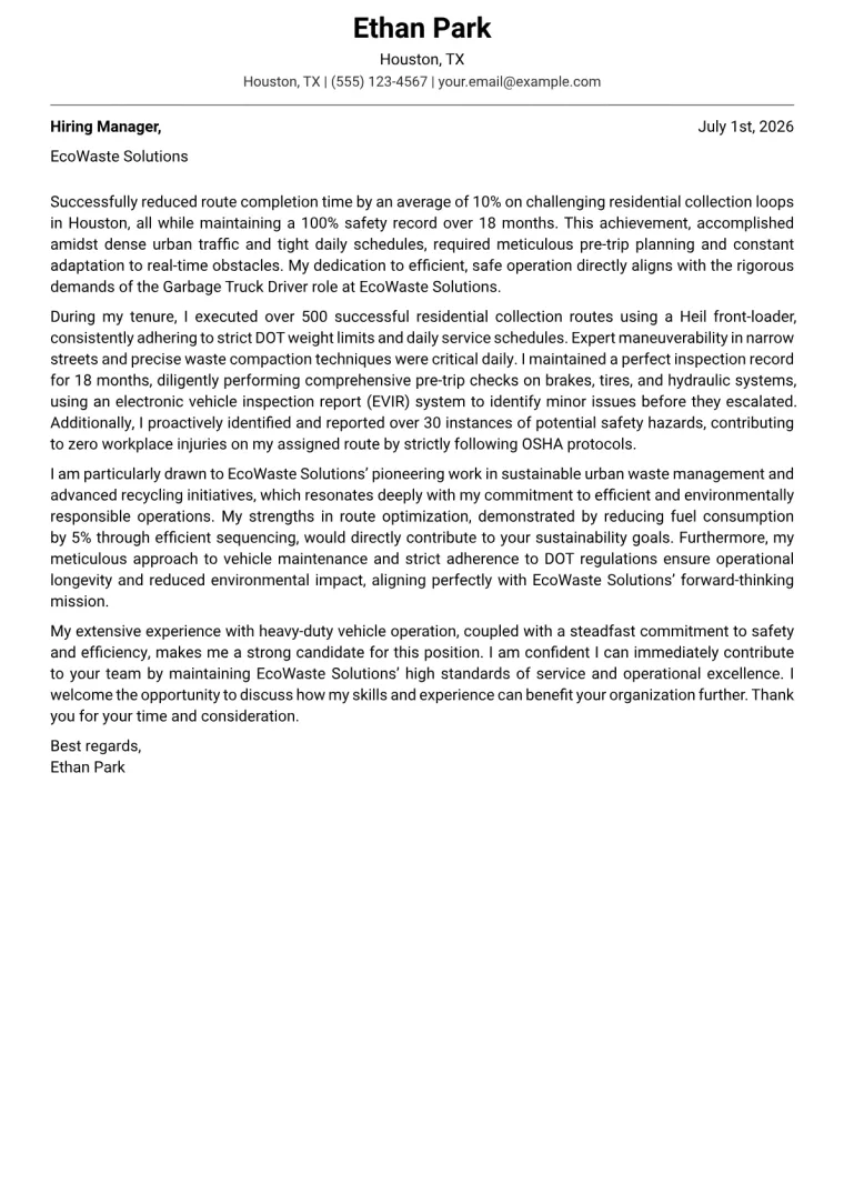 Garbage Truck Driver cover letter example preview