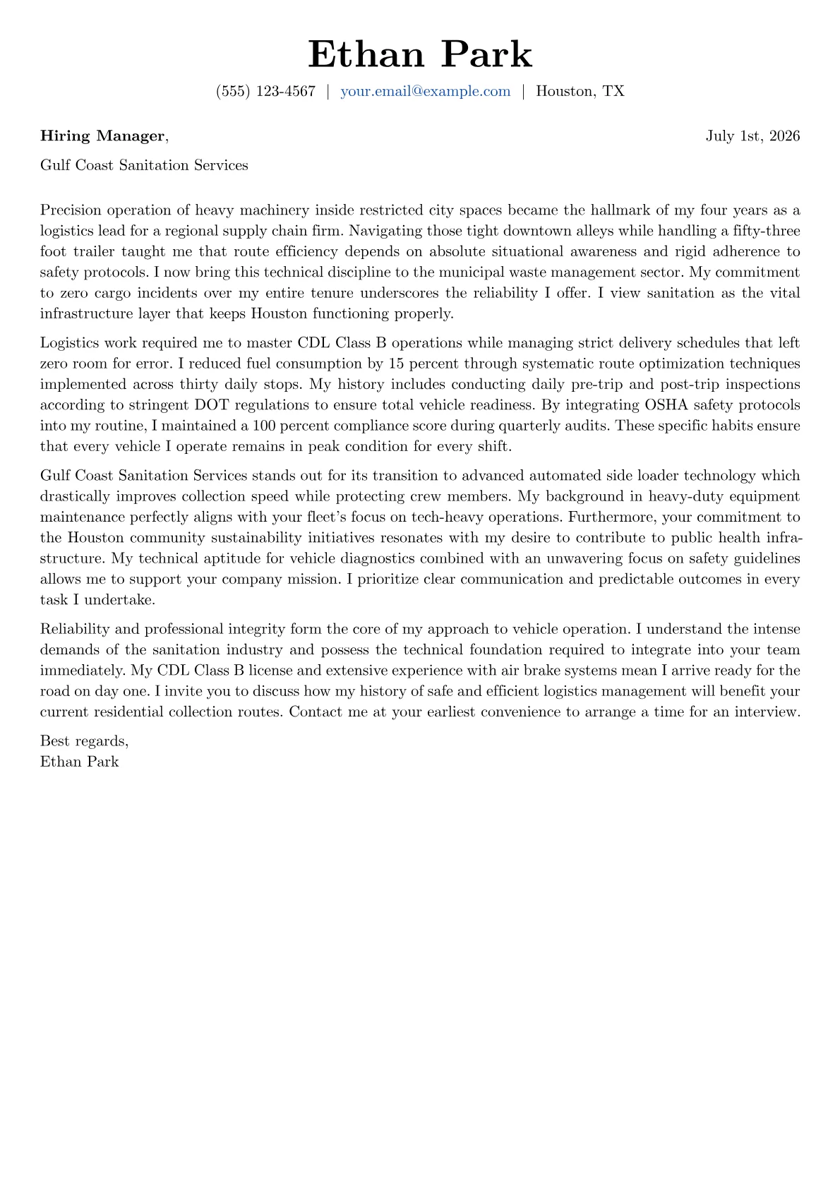 Garbage Truck Driver cover letter in the Basic design
