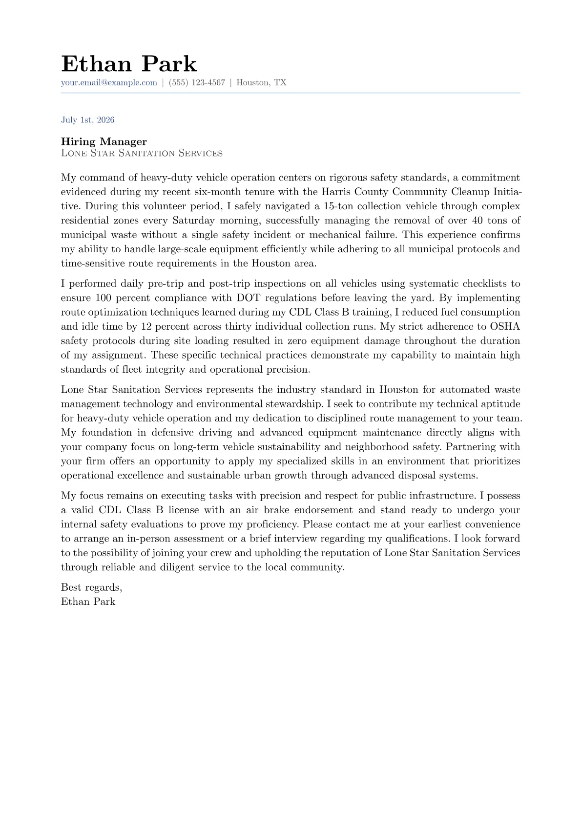 Garbage Truck Driver cover letter in the Classic design