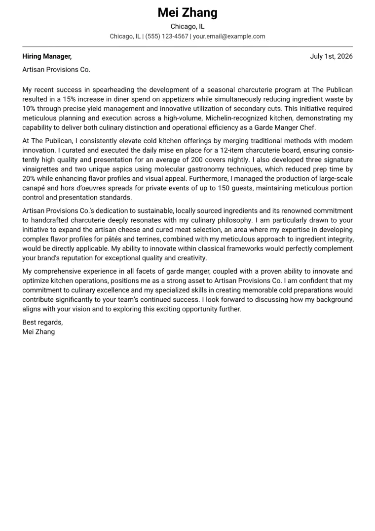 Garde Manger Chef cover letter example preview