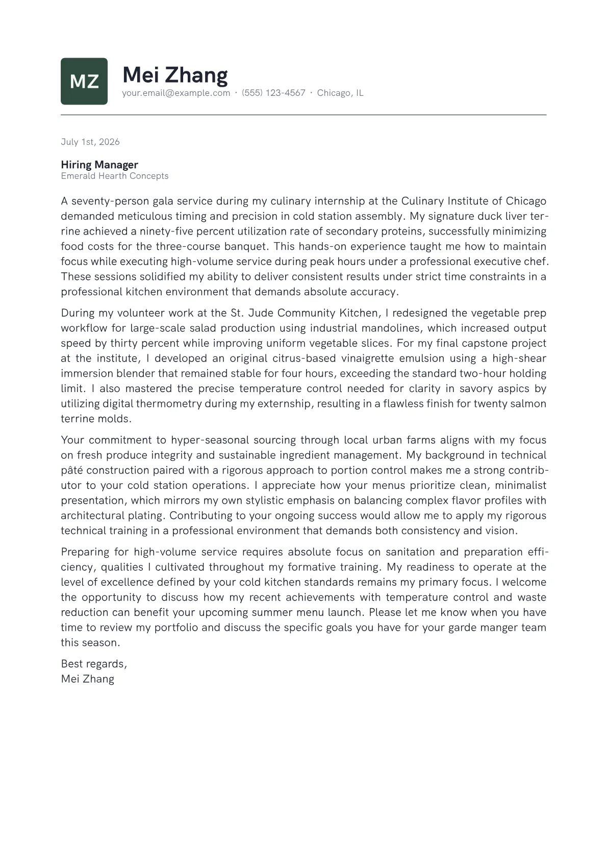 Garde Manger Chef cover letter in the Emblem design