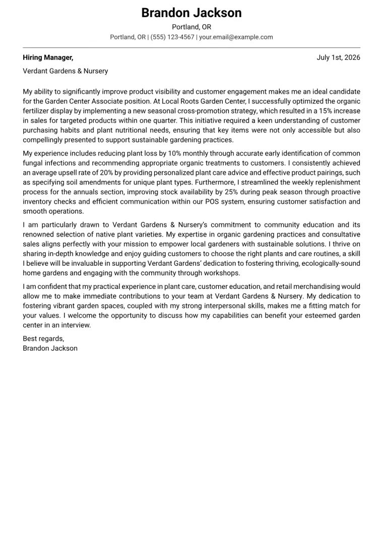 Garden Center Associate cover letter example preview
