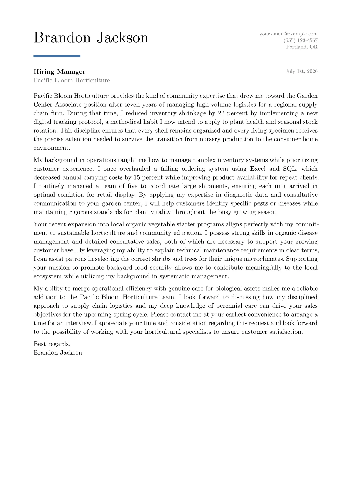 Garden Center Associate cover letter in the Executive design