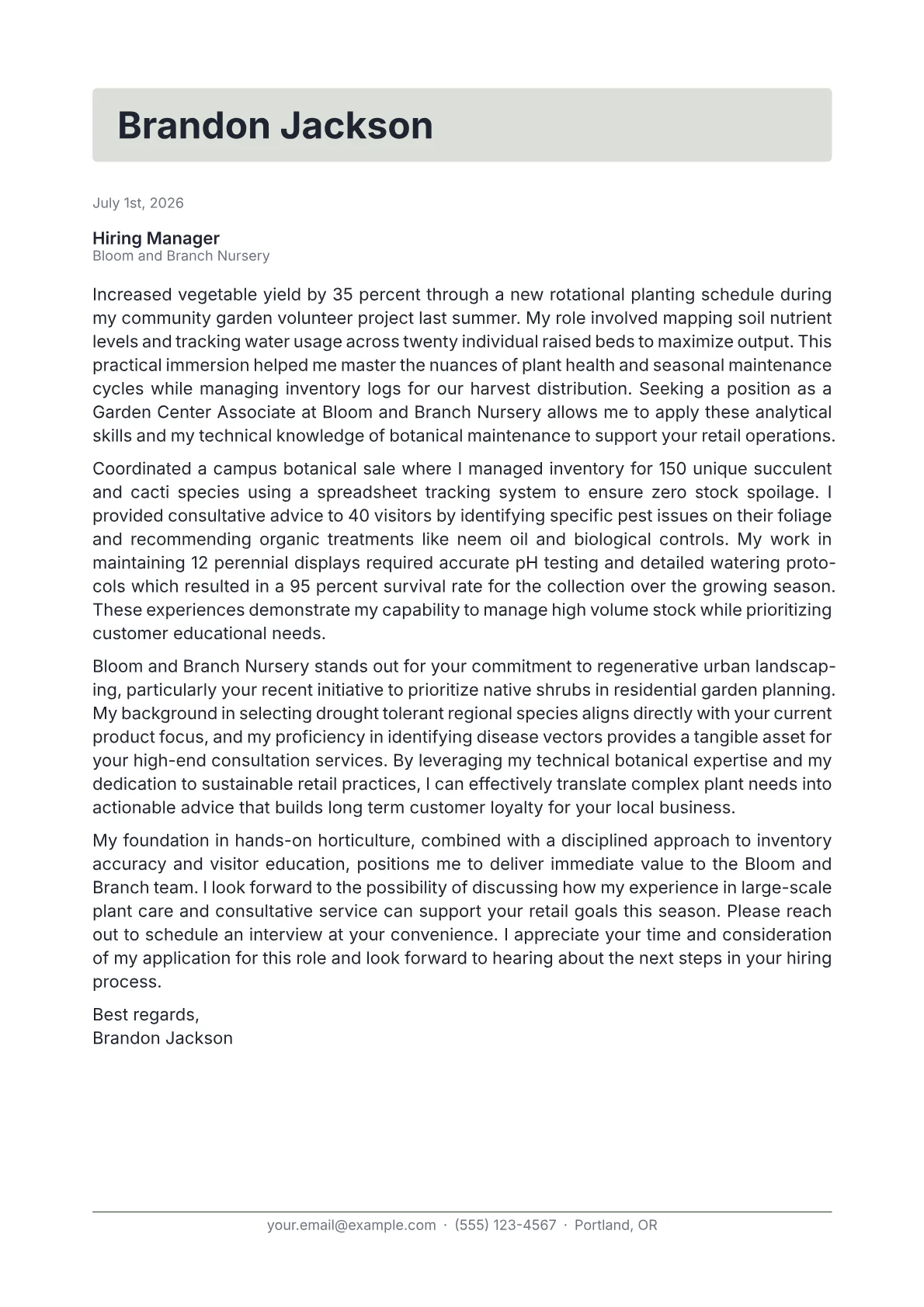 Garden Center Associate cover letter in the Letterhead design