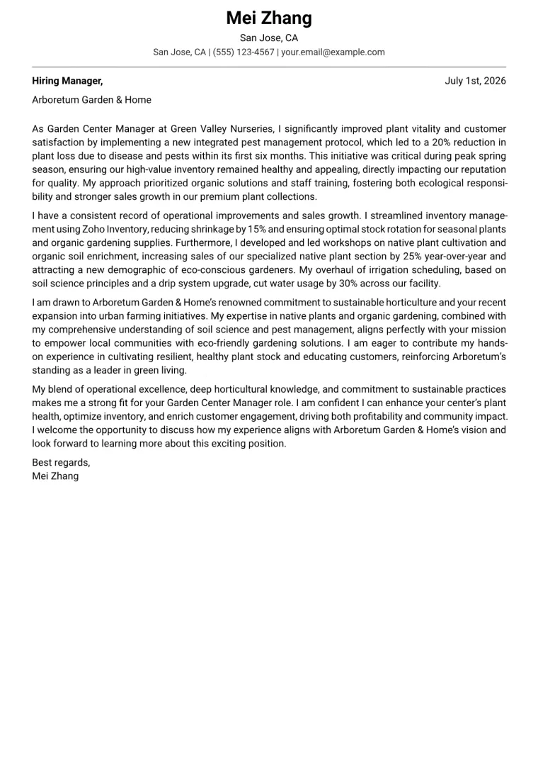 Garden Center Manager cover letter example