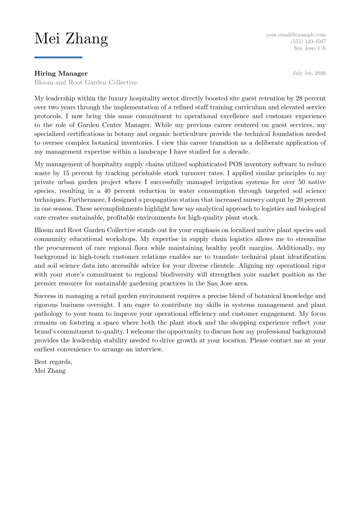 Garden Center Manager cover letter in the Executive design