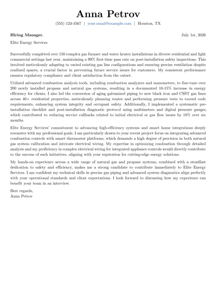Gas Appliance Installer cover letter example