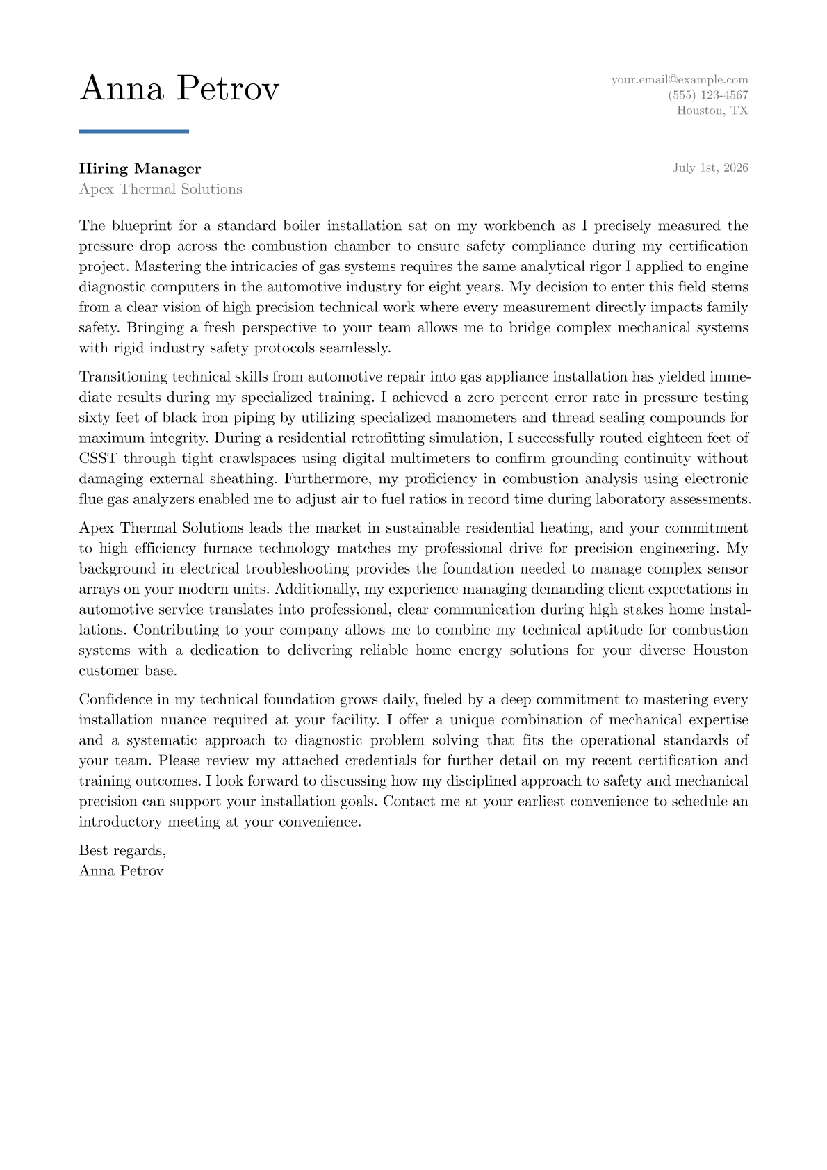 Gas Appliance Installer cover letter in the Executive design
