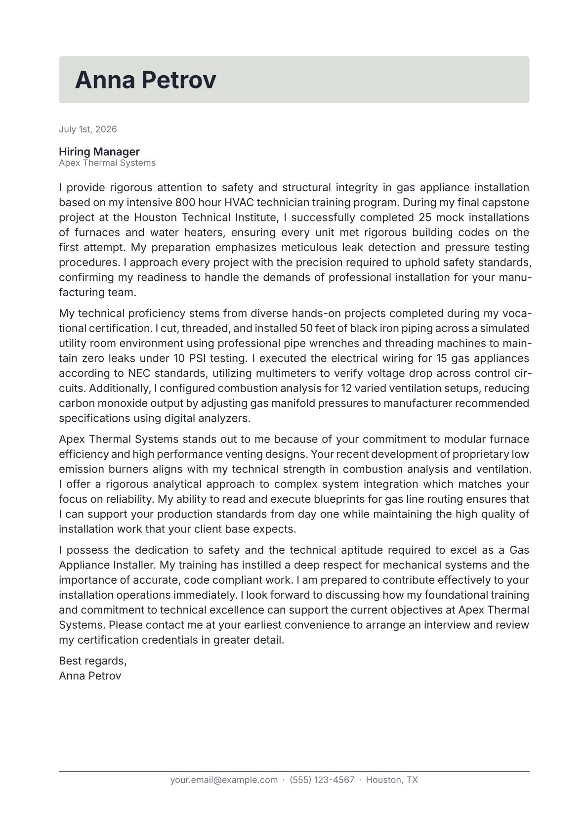 Gas Appliance Installer cover letter in the Letterhead design