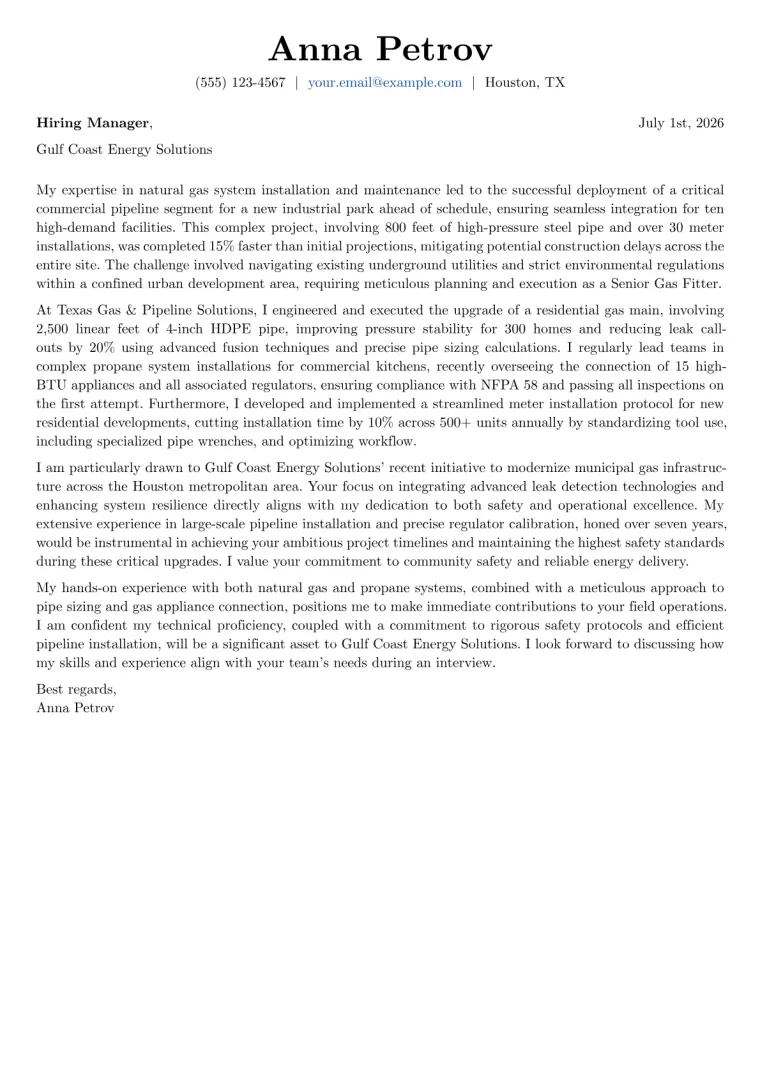 Gas Fitter cover letter example preview