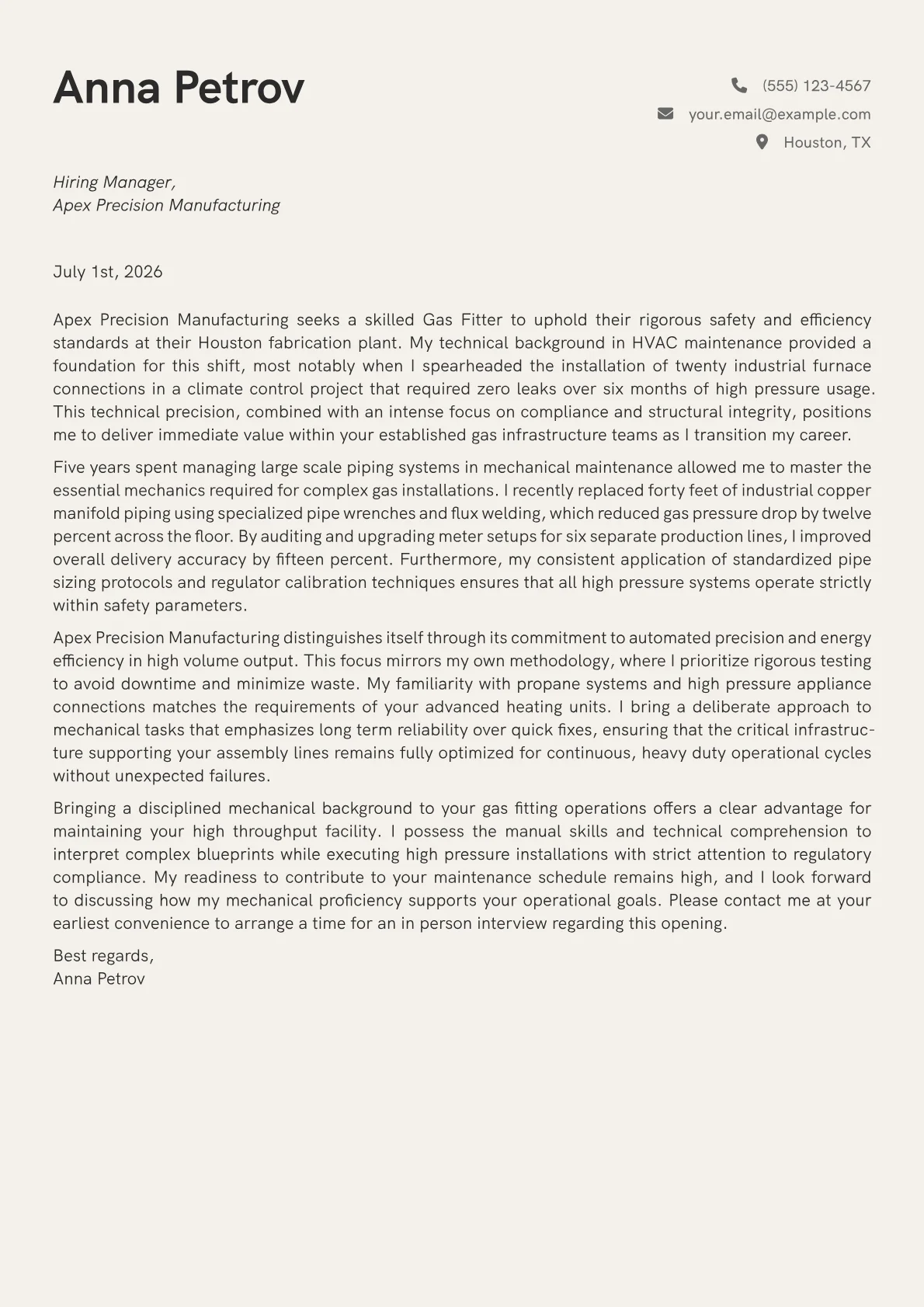 Gas Fitter cover letter in the Creative design