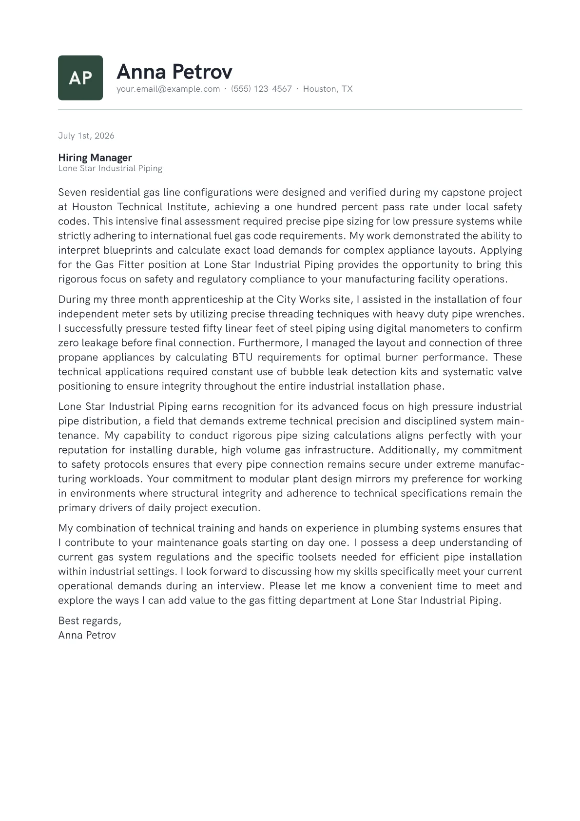 Gas Fitter cover letter in the Emblem design