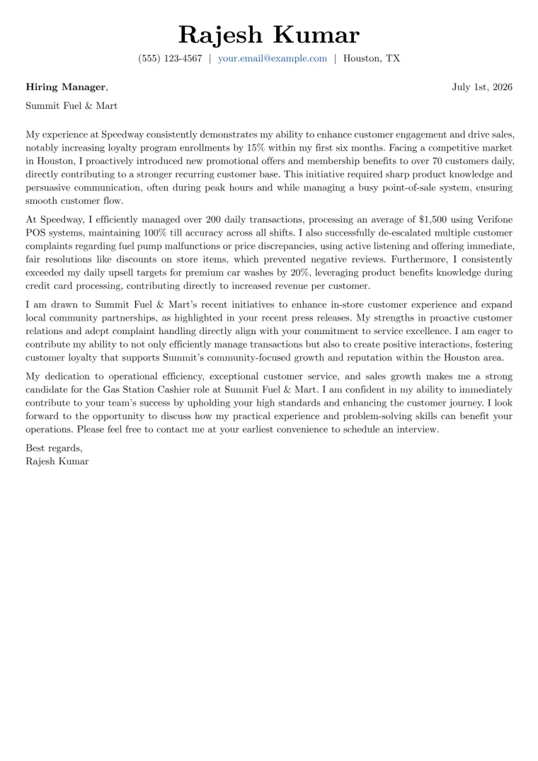 Gas Station Cashier cover letter example preview