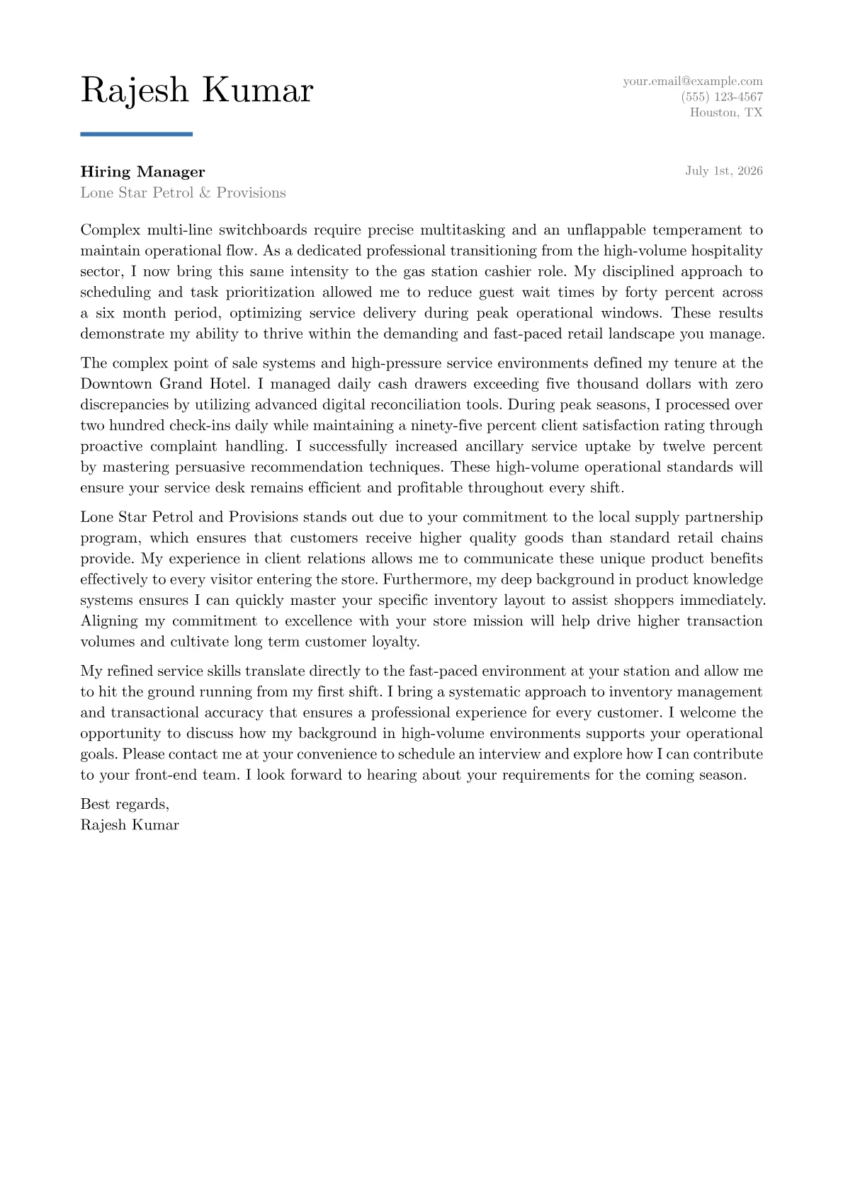 Gas Station Cashier cover letter in the Executive design