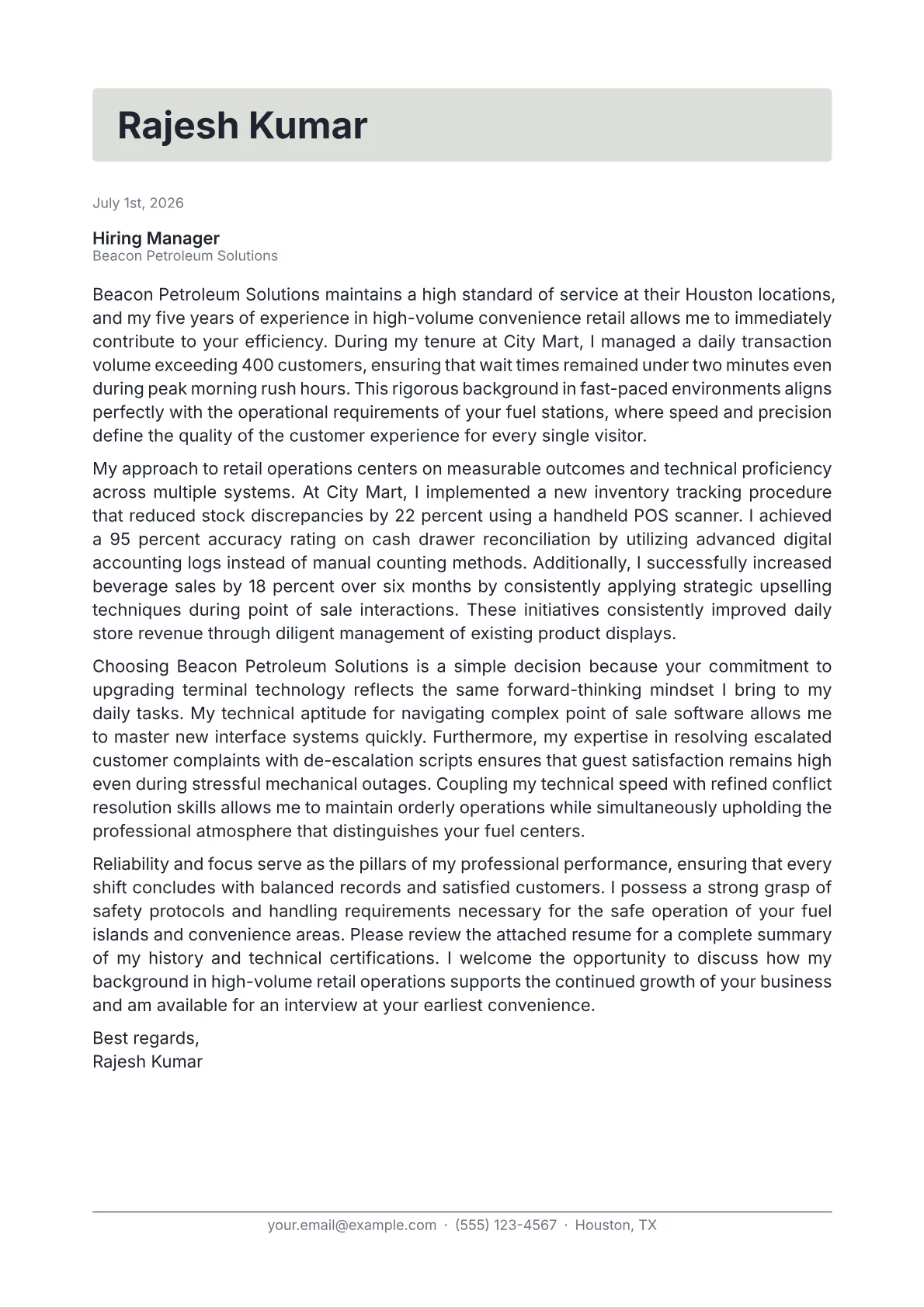 Gas Station Cashier cover letter in the Letterhead design