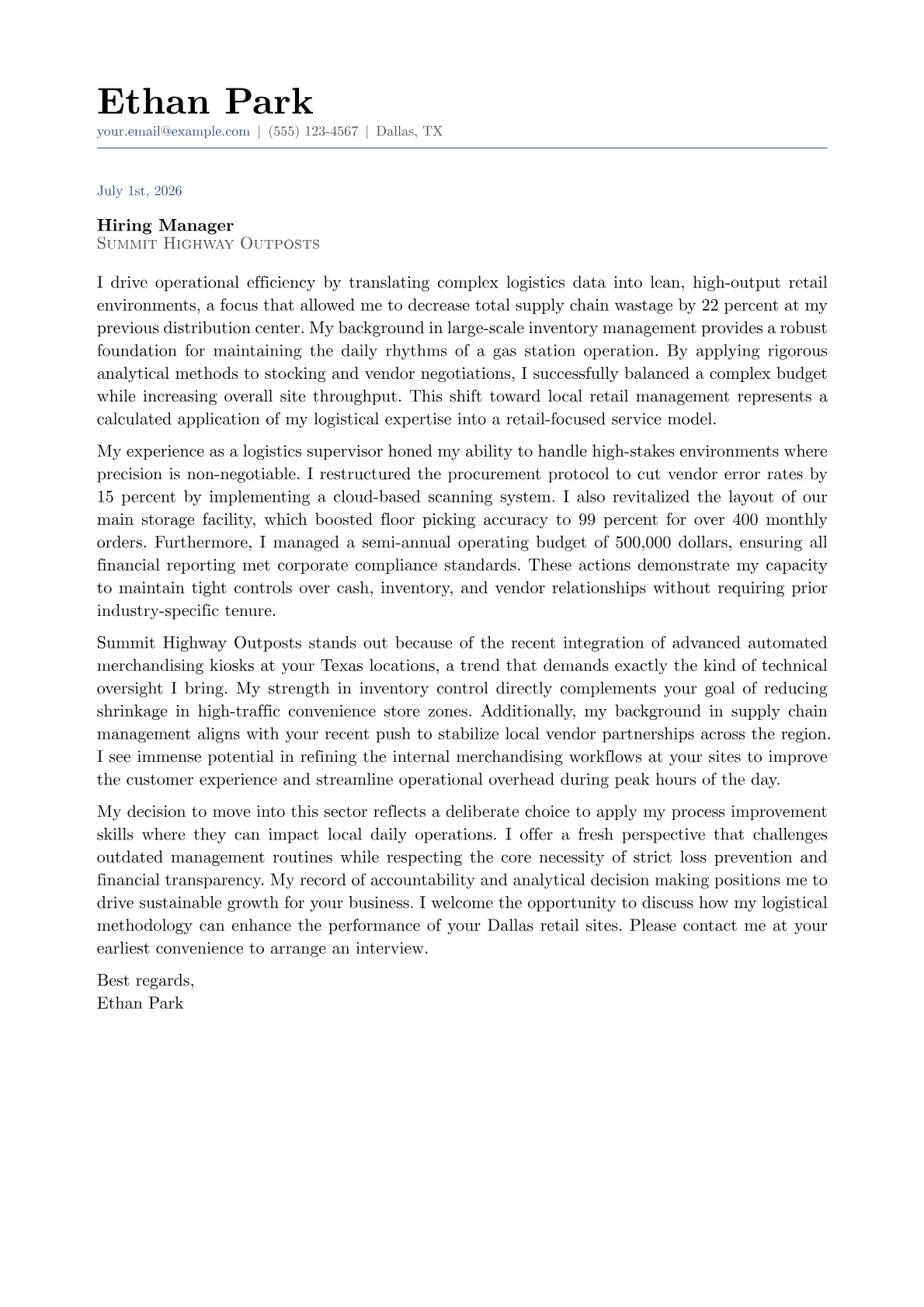 Gas Station Manager cover letter in the Classic design