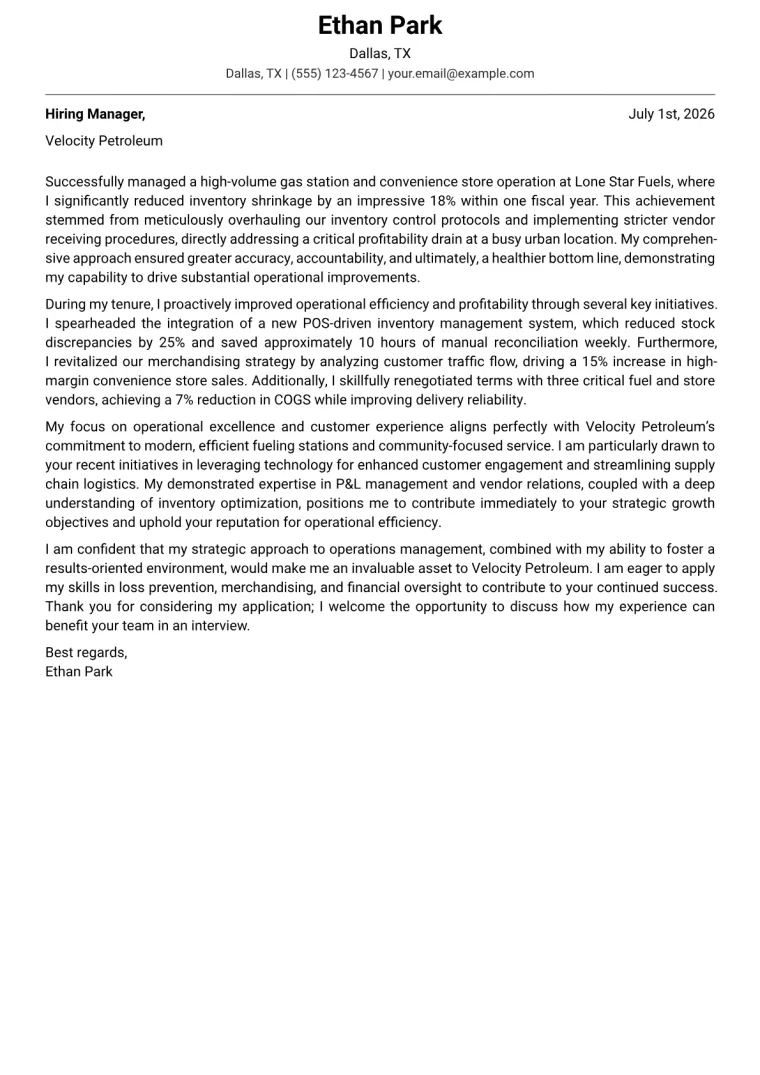 Gas Station Manager cover letter example preview