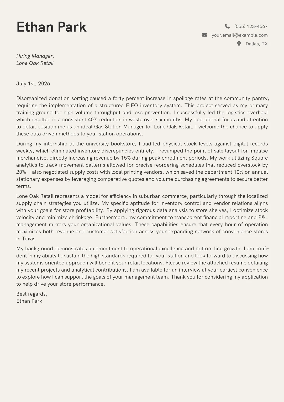 Gas Station Manager cover letter in the Creative design