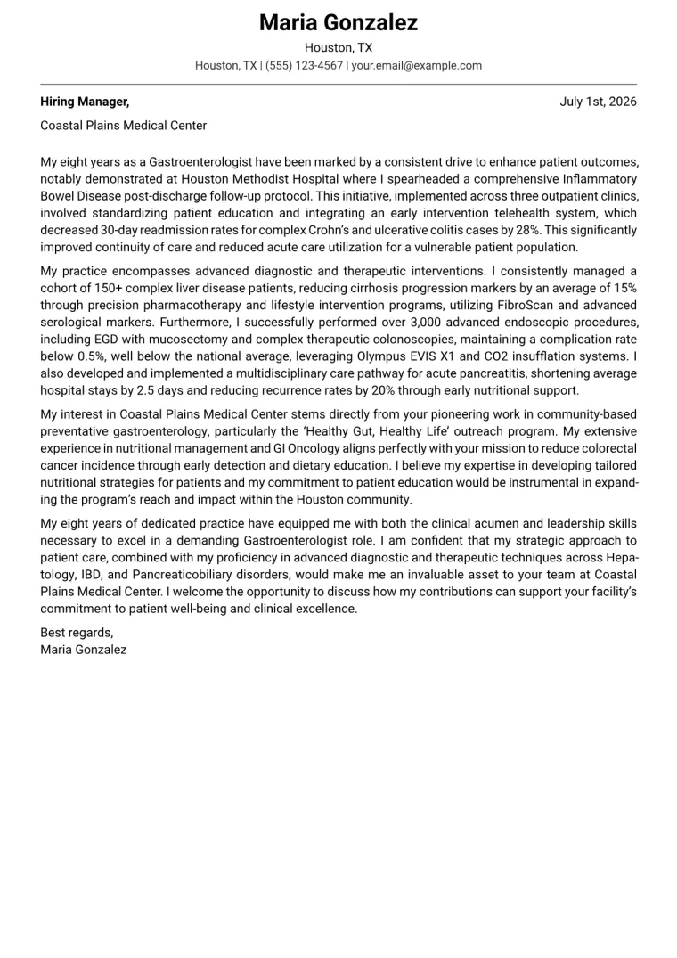 Gastroenterologist cover letter example preview