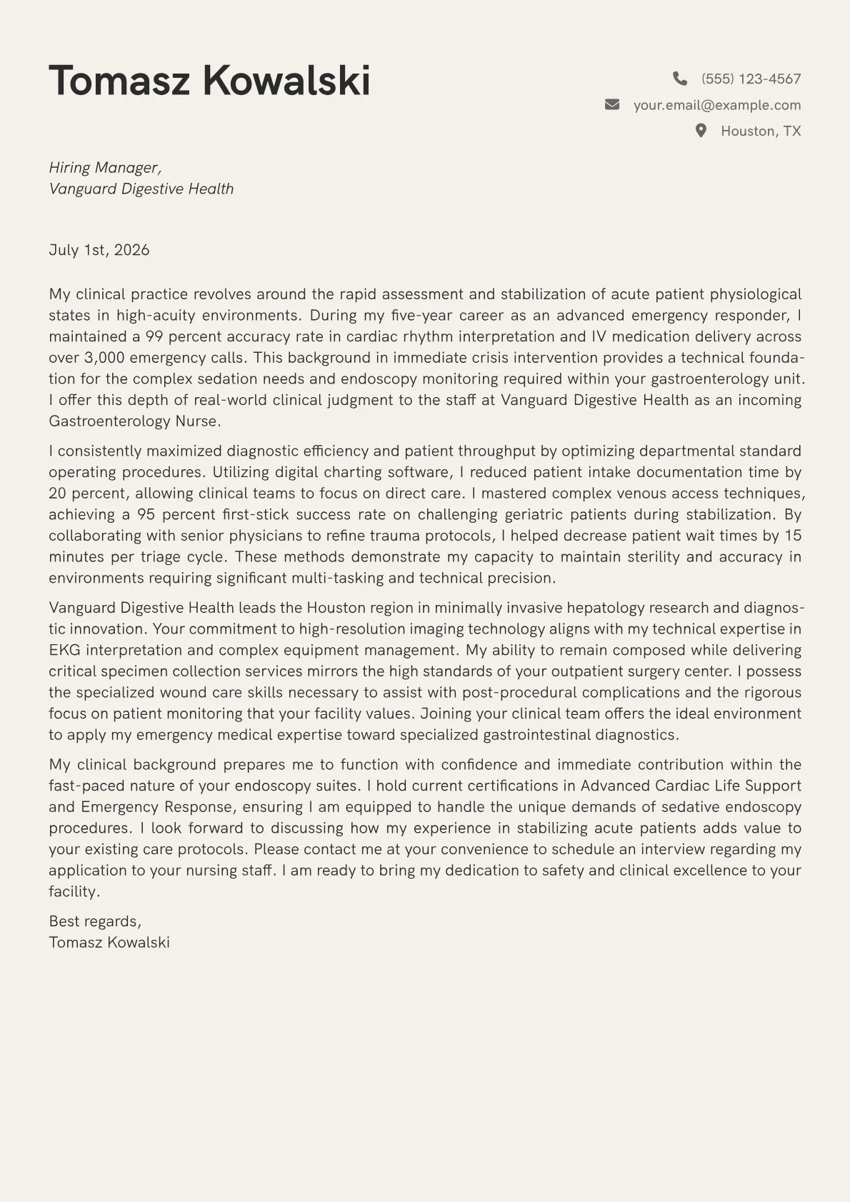 Gastroenterology Nurse cover letter in the Creative design